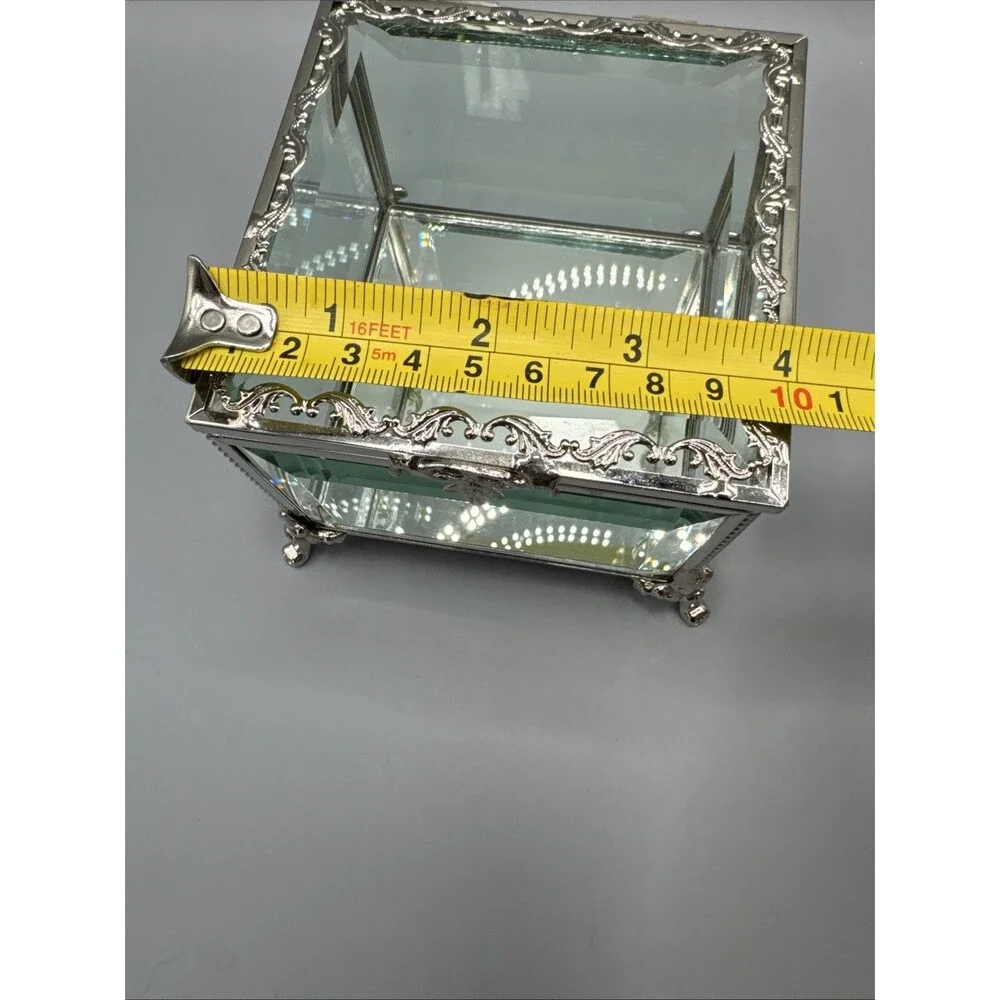 Cynthia Rowley Beveled Glass Jewelry Box Silver Trinket Keepsake Box 3.5x4x4.25